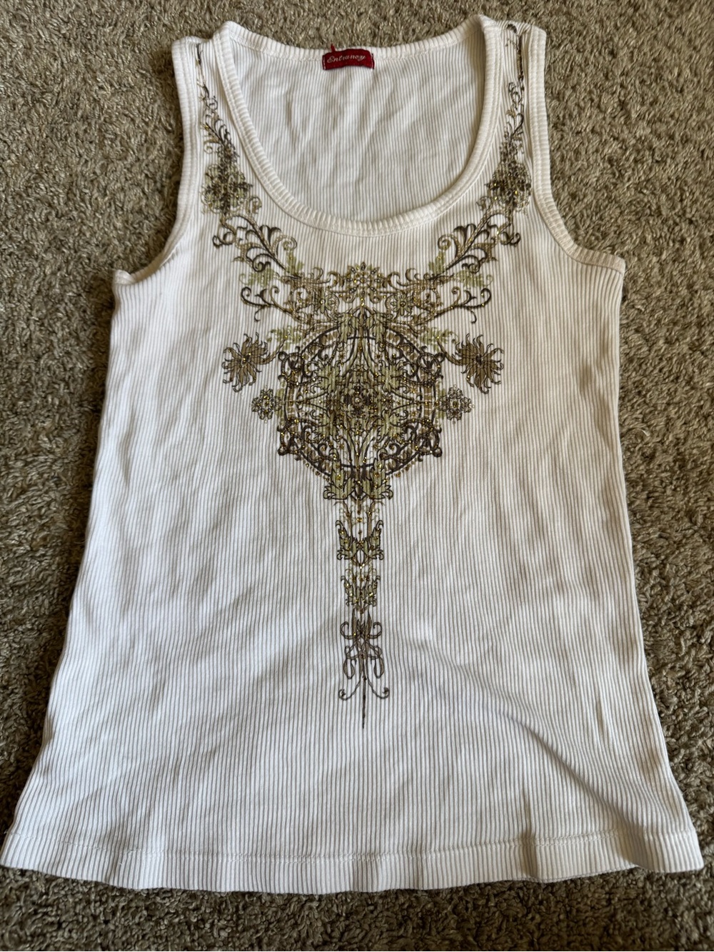 White Embellished Ribbed Tank Top by